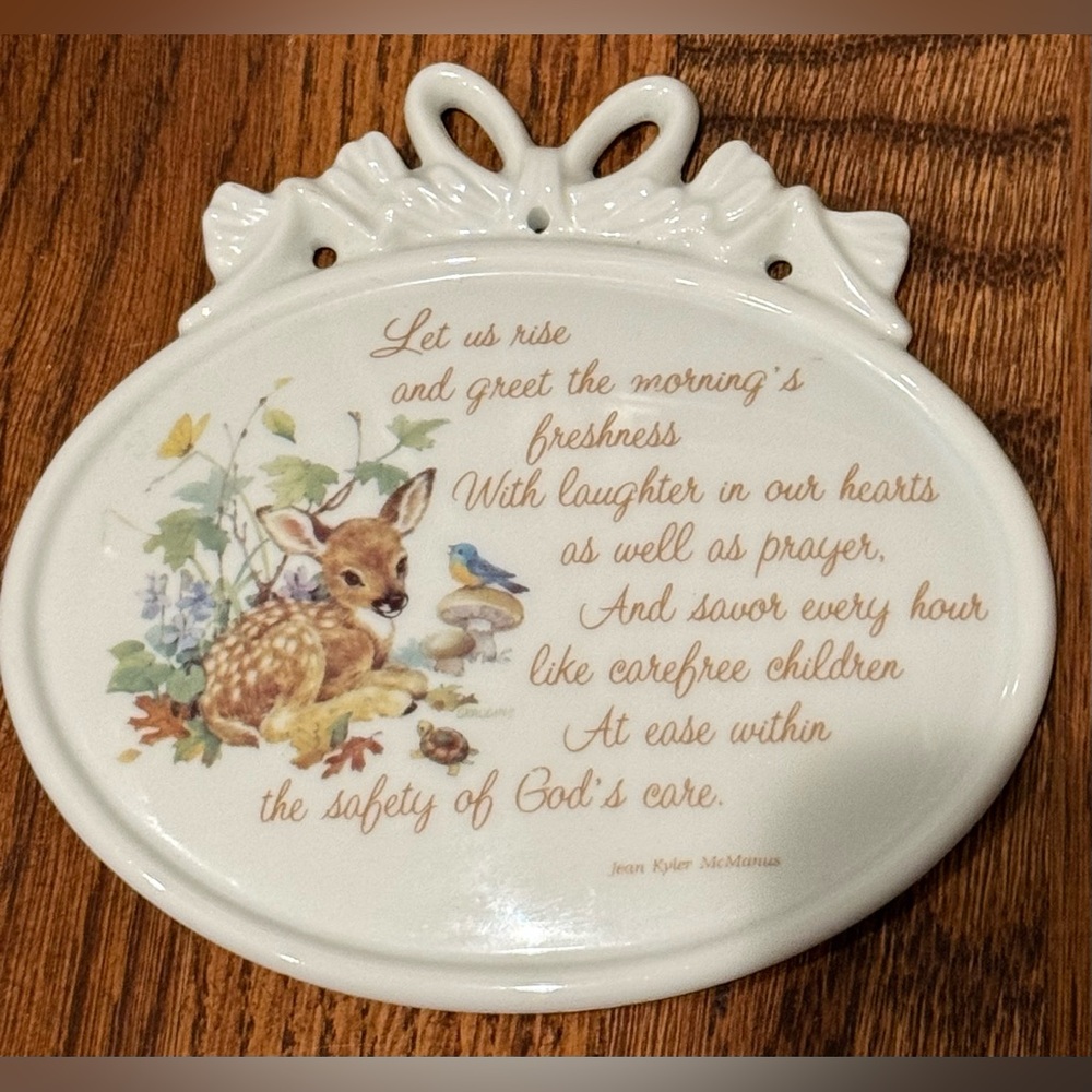 Small Porcelain Wall Plaque w/Baby Deer Fawn & religious Poem home decor